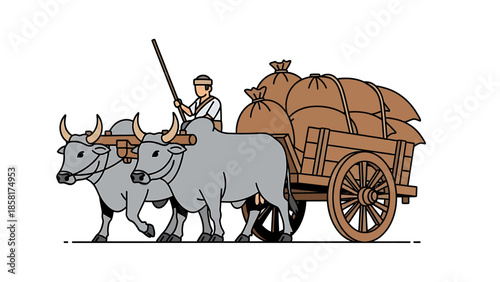 Oxen pulling a cart loaded with sacks.
