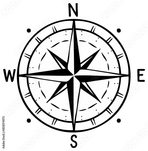 Vintage Style Compass Rose Icon Symbol Isolated Vector Illustration Navigation Tool