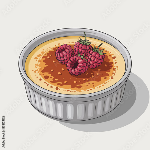 This delectable illustration showcases a creamy creme brulee topped with fresh raspberries, exuding a rich texture and vibrant colors that tempt the taste buds delightfully.
