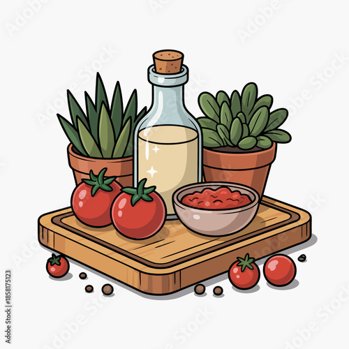 A delightful still life featuring fresh tomatoes, a bottle of oil, and potted plants, emphasizing the beauty of cooking with fresh ingredients and the joy of culinary arts.