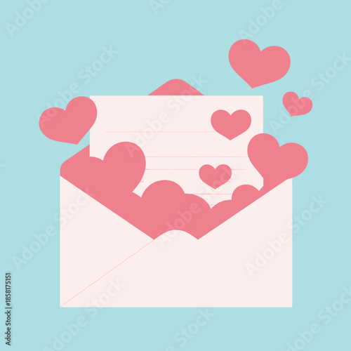 This image features a pink envelope overflowing with hearts and a blank letter inside, beautifully presented against a soft blue background perfect for romantic occasions.