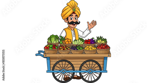 Indian fruit vendor with cart full of fresh produce.