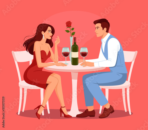 This illustration depicts a romantic dinner setting with a couple enjoying wine, adorned with a rose, creating an inviting atmosphere for love and connection.