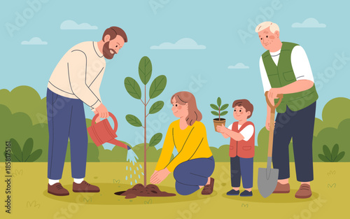 This heartwarming scene depicts a family participating in tree planting, symbolizing care for the environment, community bonding, and encouraging sustainable practices for future generations.