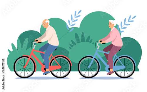 A warm illustration of a senior couple enjoying a leisurely bike ride through lush greenery, highlighting the essence of companionship, vitality, and active aging in their golden years.
