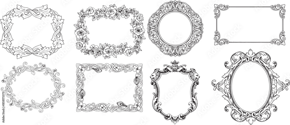 Obraz premium A collection of intricate, vintage-inspired frames, perfect for adding a touch of elegance and sophistication to your designs. Each frame boasts unique floral and ornamental details.