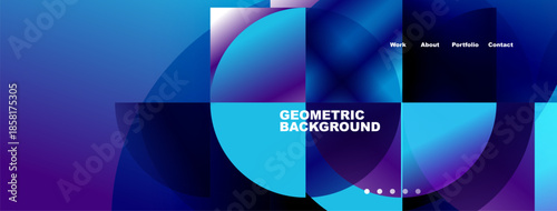 Abstract geometric design. Vibrant blue, purple hues dominate composition. Text reads Geometric Background, navigation visible.