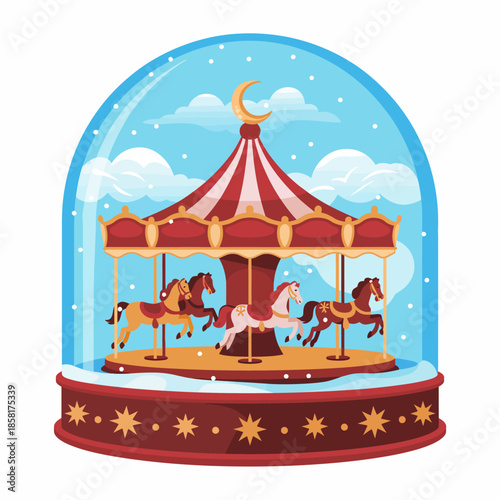 A charming carousel captured inside a snow globe, evoking nostalgia and joy, showcasing vibrant colors and intricate details that bring childhood memories to life.