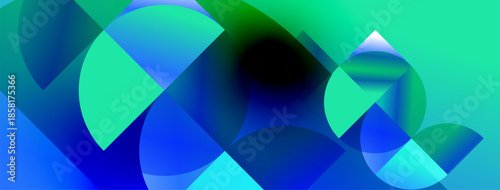 Abstract composition featuring overlapping circular shapes. Blue, green hues create dynamic visual flow. Smooth gradients dominate design.