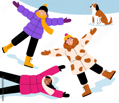 This cheerful illustration captures children playing in the snow, joyfully making snow angels surrounded by winter scenery, with a playful dog watching in delight for the season.