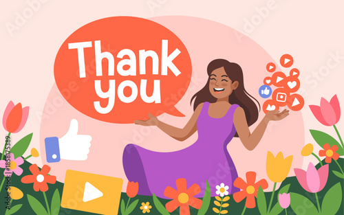 A vibrant illustration of a joyful woman expressing gratitude amidst a backdrop of flowers and social media icons, symbolizing appreciation and positive connections.
