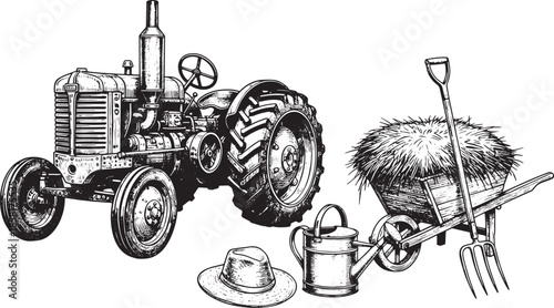 Vintage tractor and farm tools, capturing the essence of agricultural heritage and hard work. A beautifully detailed illustration, showcasing the simplicity and strength of farming equipment.