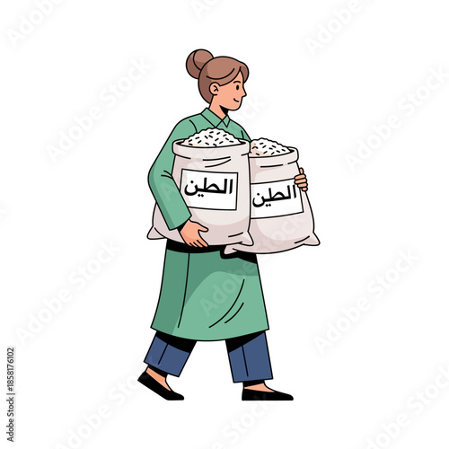 Woman carrying two large sacks of wheat or grain  (134) with effort and care outdoors