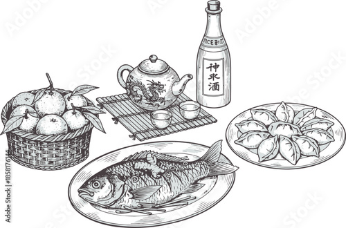 A traditional asian meal is artfully arranged with a delicate hand, the elegant presentation hints at the rich cultural heritage behind each dish.