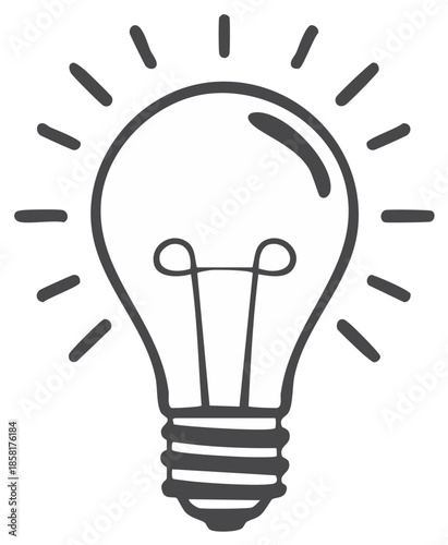 Simple hand drawn sketch of an illuminated light bulb radiating energy and ideas symbolizing innovation and inspiration