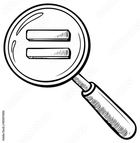 Magnifying glass with equals symbol, investigation, analysis concept.