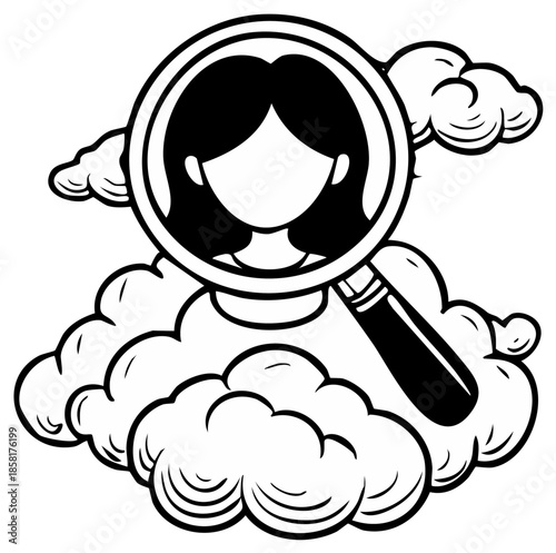 Woman's silhouette inside a magnifying glass on clouds, search concept