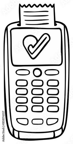 Payment terminal with receipt and check mark approval, cartoon style.
