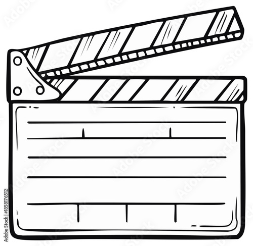Cartoon drawing of an open movie clapperboard, film making equipment, entertainment