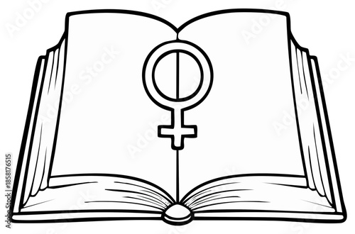 Feminist Literature Open Book with Woman Symbol Outlined Black and White