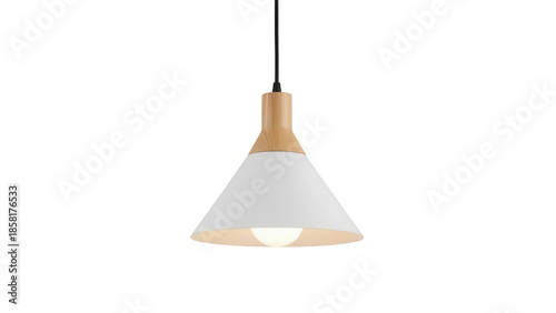 Modern white pendant light isolated PNG, stylish hanging lamp with wooden top on transparent background for interior design projects