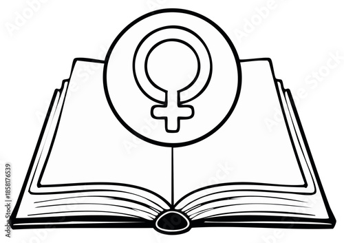 Open book with feminist gender symbol, vector illustration.