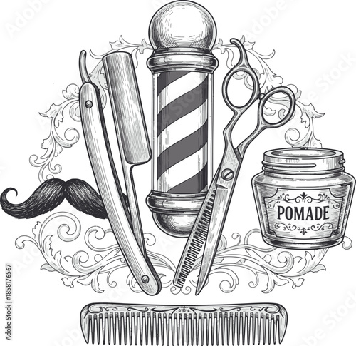 A vintage barber shop emblem, showcasing essential tools and accessories for grooming and hairstyling.  Embroidered in an artistic line-art illustration, evoking classic barber shop charm.