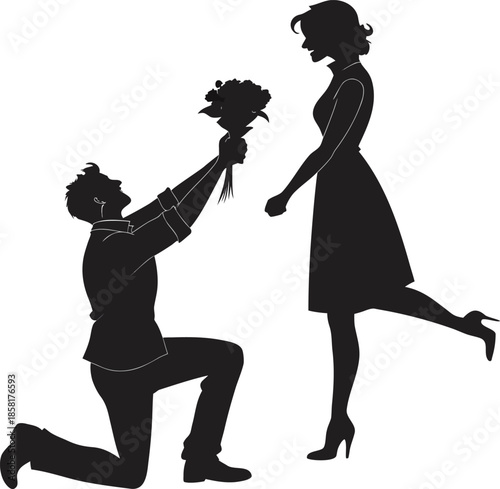 A black silhouette of a romantic scene against a white background. The image depicts a man kneeling on one knee, positioned on the left side, offering a bouquet of flowers to a woman standing opposite
