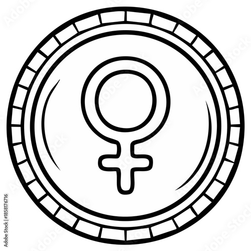 Stylized Line Art Coin Featuring Venus Symbol Icon for Femininity and Equality