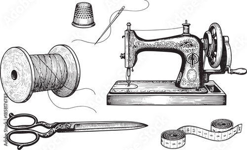 An antique sewing machine stands at the heart of the illustration, complemented by a needle and thread, a thimble, scissors, and a measuring tape, evoking the art of tailoring and craftmanship.