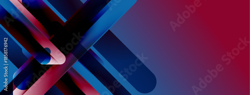 Abstract geometric shapes overlap, creating dynamic visual effect. Blue, red hues dominate composition. Modern design elements present.