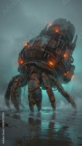 Giant robotic crab monster on a foggy beach. Steampunk hermit crab with a rusty mechanical shell and glowing lights. Sci-fi post-apocalyptic fantasy creature concept