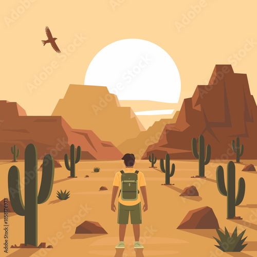 A solitary figure stands in a vast desert landscape, surrounded by cacti, with mountains in the background and a large sun setting in the sky, creating a feeling of tranquility.