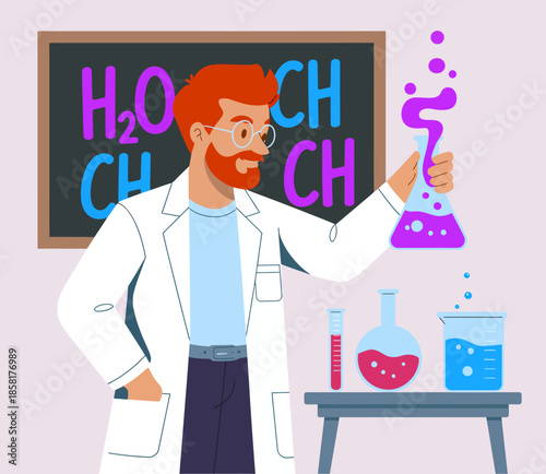 A dedicated scientist in a lab coat enthusiastically conducts experiments, highlighting the pursuit of knowledge and innovation through colorful chemical reactions in beakers and flasks.
