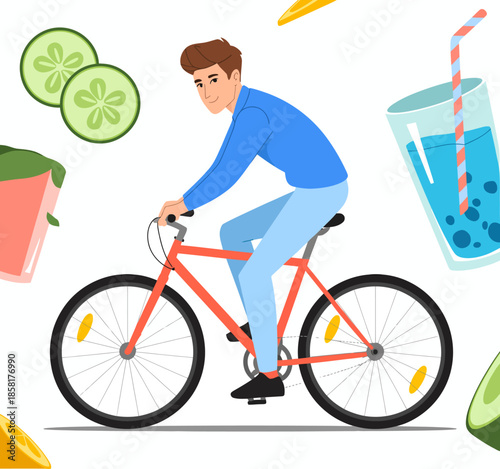 A young man is depicted riding a bicycle, surrounded by refreshing drinks and fruits, portraying an energetic lifestyle, moderation, and outdoor activity through a vibrant design.