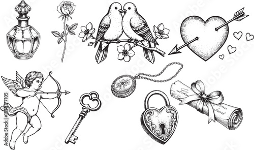 A charming collection of hand-drawn illustrations captures the essence of love and romance, featuring doves, cupid, and heart-shaped symbols, all rendered in a timeless artistic style.