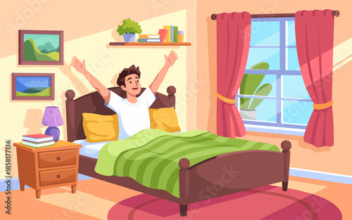 A cheerful young man joyfully stretches in a cozy bedroom, basking in warm sunlight filtering through the window. A fresh start to a new day awaits him with a smile.