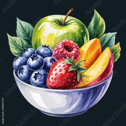 A colorful assortment of fruit including strawberries, blueberries, a green apple, raspberries, and slices of peach, beautifully arranged in a ceramic bowl against a dark background.
