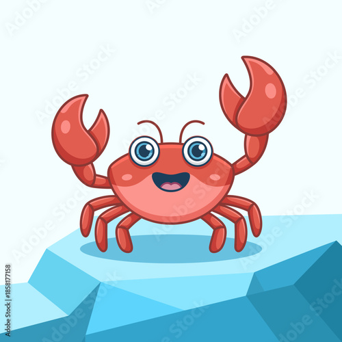 An adorable cartoon-style crab with large eyes and playful attitude poses happily on a translucent ice surface, capturing the fun and charm of ocean life in a whimsical design.