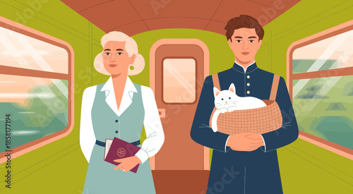 Two individuals travel together on a scenic train, one holding a basket with a cat, creating a charming atmosphere of companionship and adventure in transit across beautiful landscapes.
