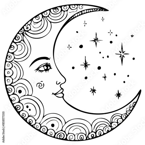 Whimsical Crescent Moon Face with Stars and Swirling Patterns