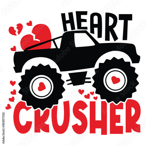 Monster truck heart crusher graphic design with broken hearts and bold typography