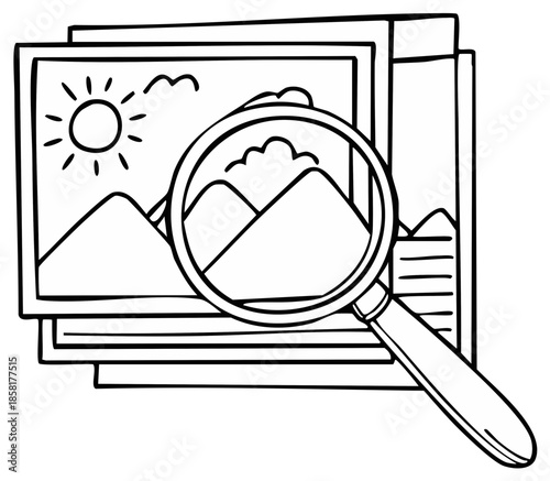 Magnifying glass examining drawings of landscape, nature, and sunny skies