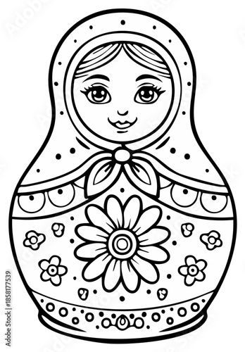 Line art illustration of matryoshka doll with flower decoration, traditional Russian craft, children's coloring book page, drawing