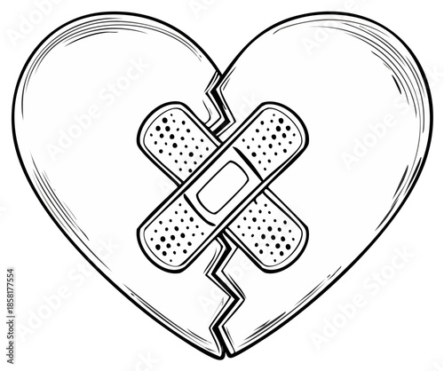 Broken Heart Mended with Bandages Line Art Drawing, Symbol of Healing and Recovery
