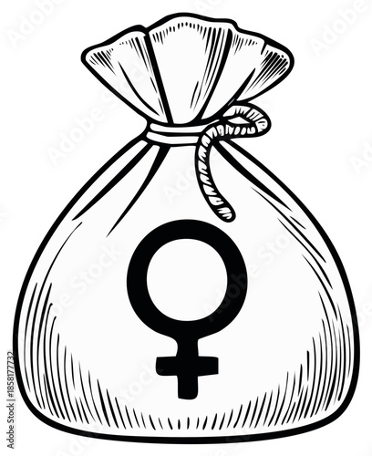 Woman symbol on a money bag, symbolizing female wealth and financial power, black and white illustration