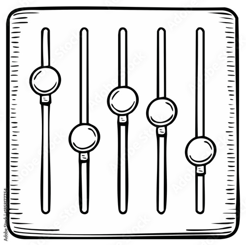 Hand-drawn audio mixer sliders for controlling sound levels, vector illustration