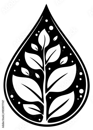 Black and White Illustration of a Sprout Growing Inside a Water Droplet