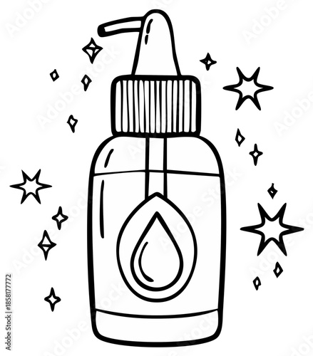 Hand-Drawn Lotion Bottle Illustration with Pump and Water Drop. Soap or Cosmetic Product Container.