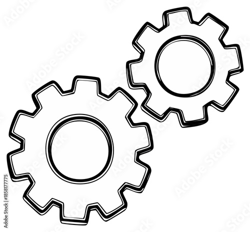 Two gears intertwined, hand-drawn sketch, connecting, mechanical, teamwork, collaboration